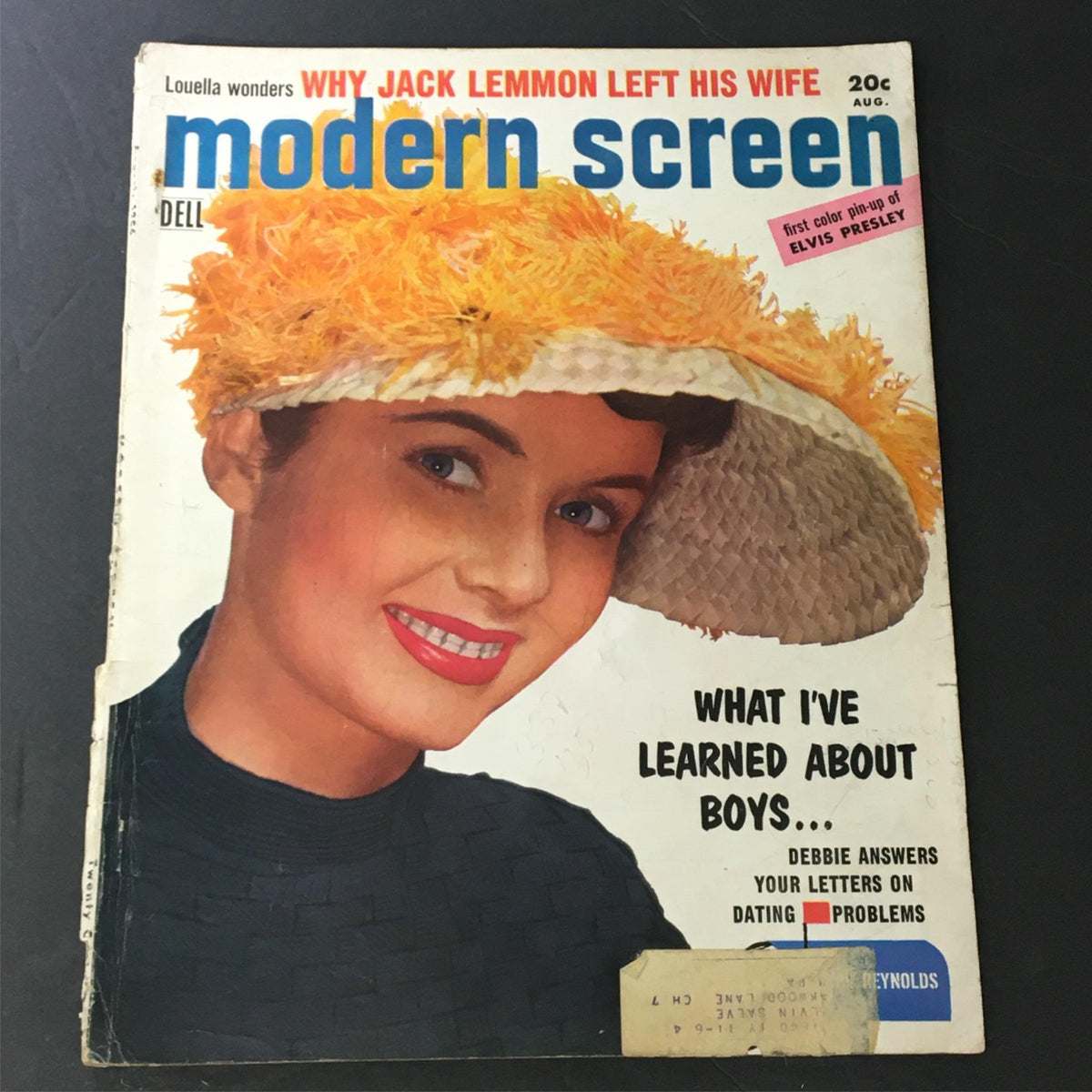 Cover of VTG Modern Screen Magazine August 1956 featuring a woman in a yellow straw hat, discussing why Jack Lemmon left his wife.