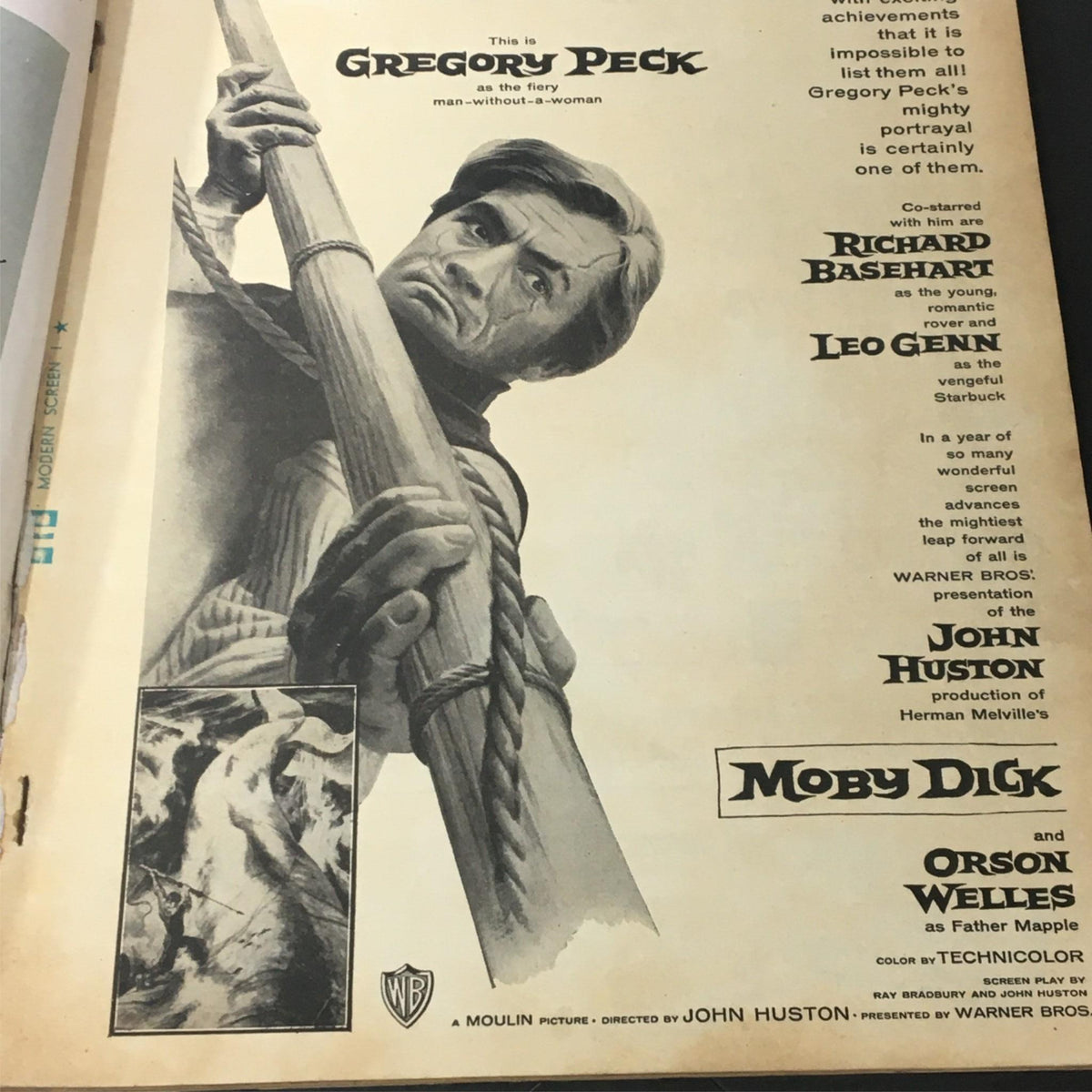 VTG Modern Screen Magazine August 1956 featuring Gregory Peck in Moby Dick advertisement.