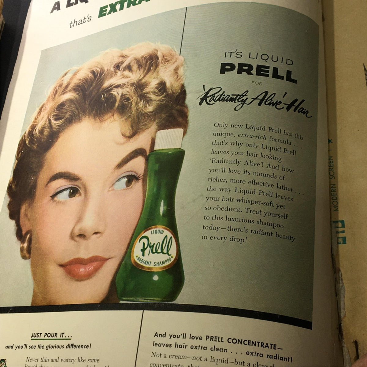 VTG Modern Screen Magazine August 1956 showcasing Liquid Prell shampoo advertisement with a model.