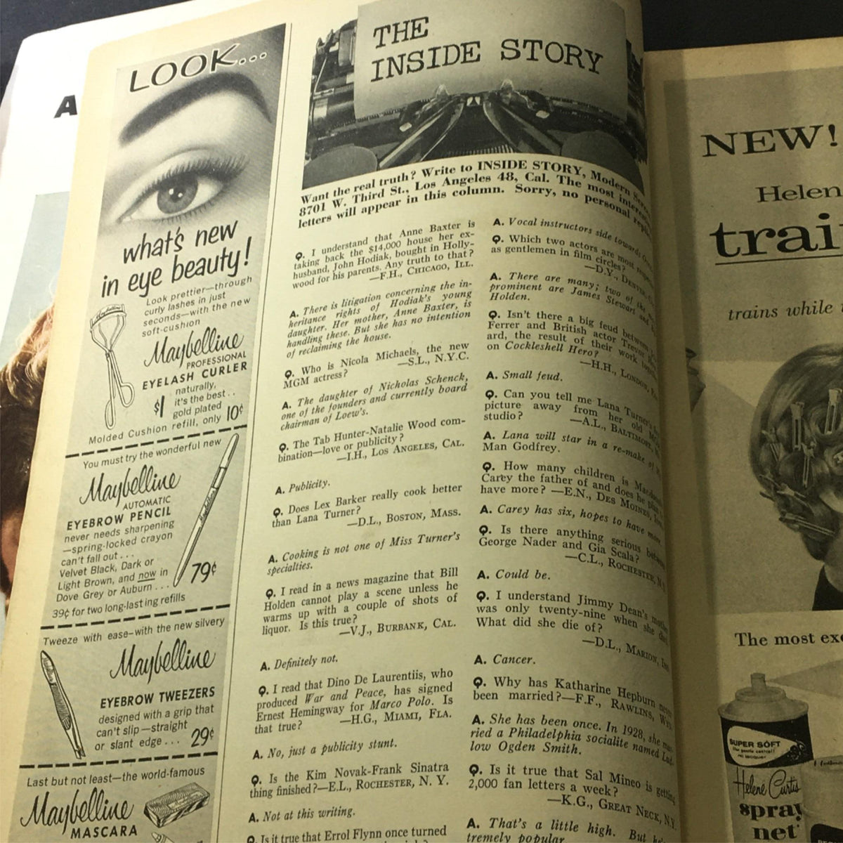 VTG Modern Screen Magazine August 1956 highlighting a Maybelline cosmetics advertisement and The Inside Story column.