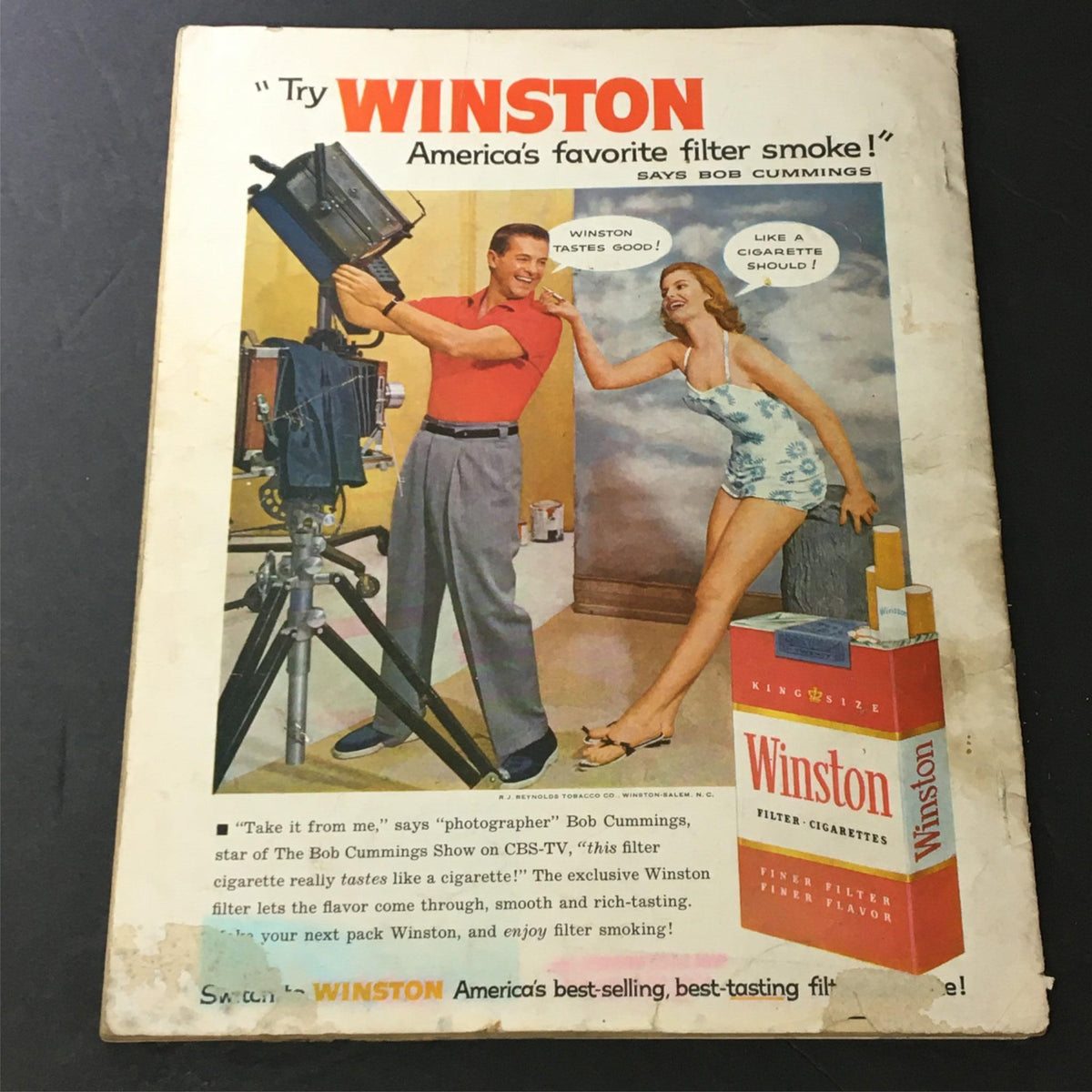 VTG Modern Screen Magazine August 1956 - The cover of a vintage magazine featuring a colorful advertisement for Winston cigarettes with actors promoting the brand.