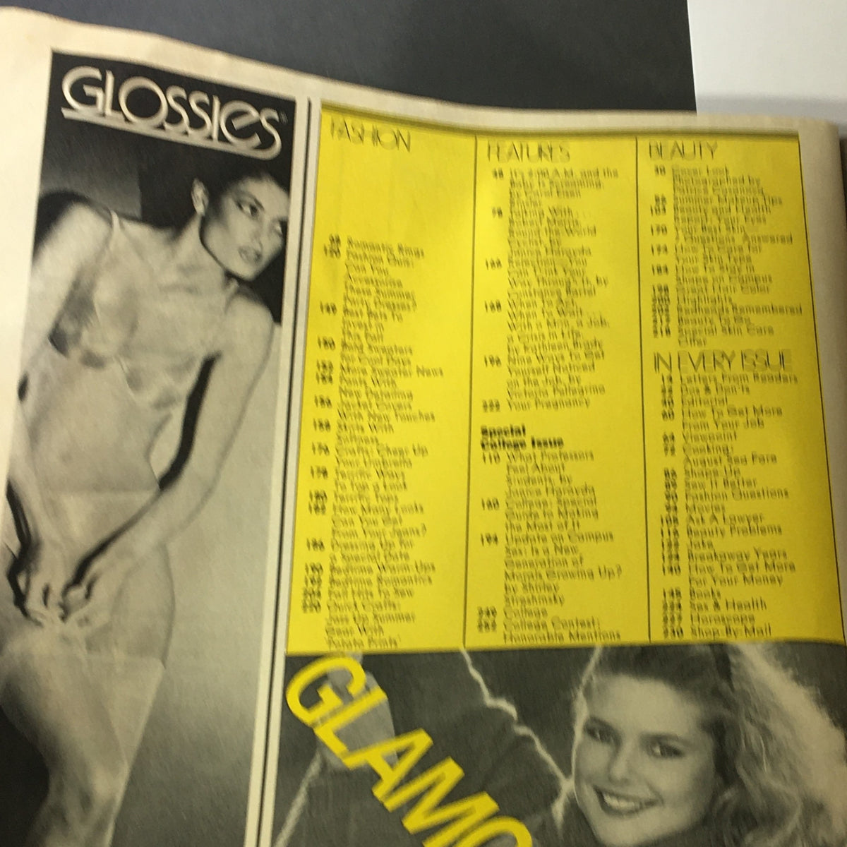 Interior page of VTG Glamour Magazine August 1977 featuring contents list including fashion, beauty, and features.