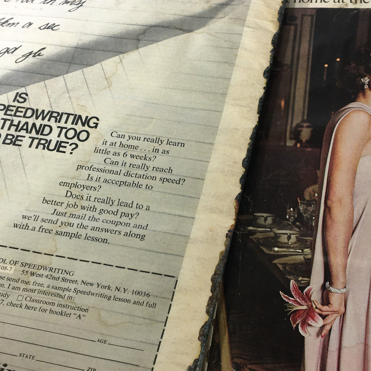 Interior page of Vintage Glamour Magazine August 1977 discussing speedwriting with a promotional offer, juxtaposed against an elegant dress photo.