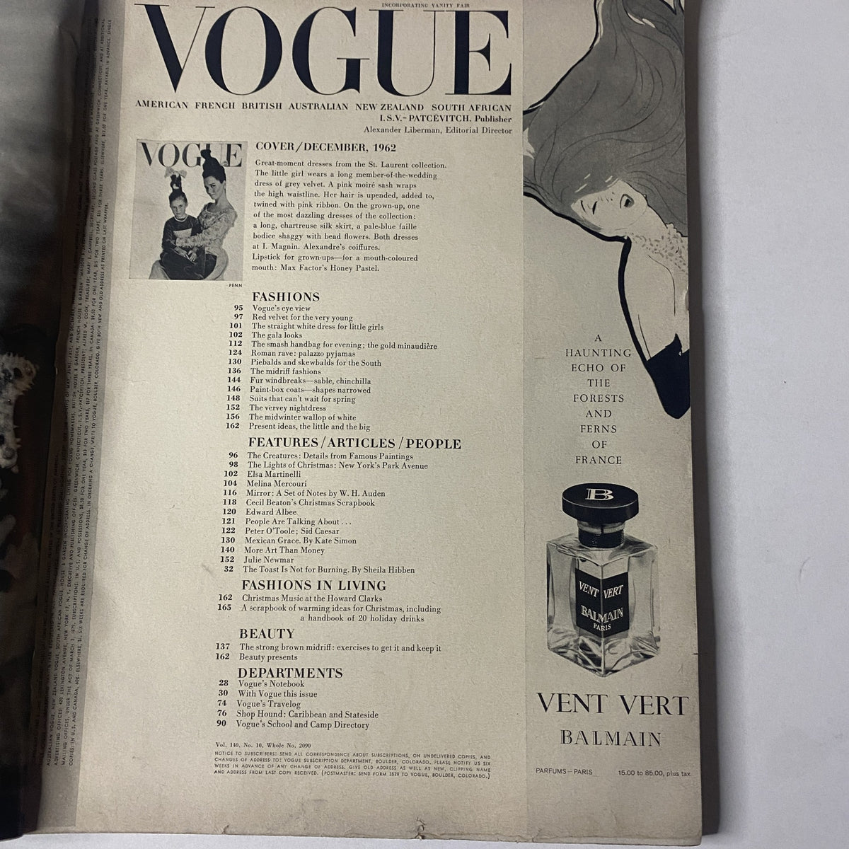 Feature page in Vogue Magazine December 1962, presenting the table of contents for fashion and articles, with illustrations indicative of the era's style.