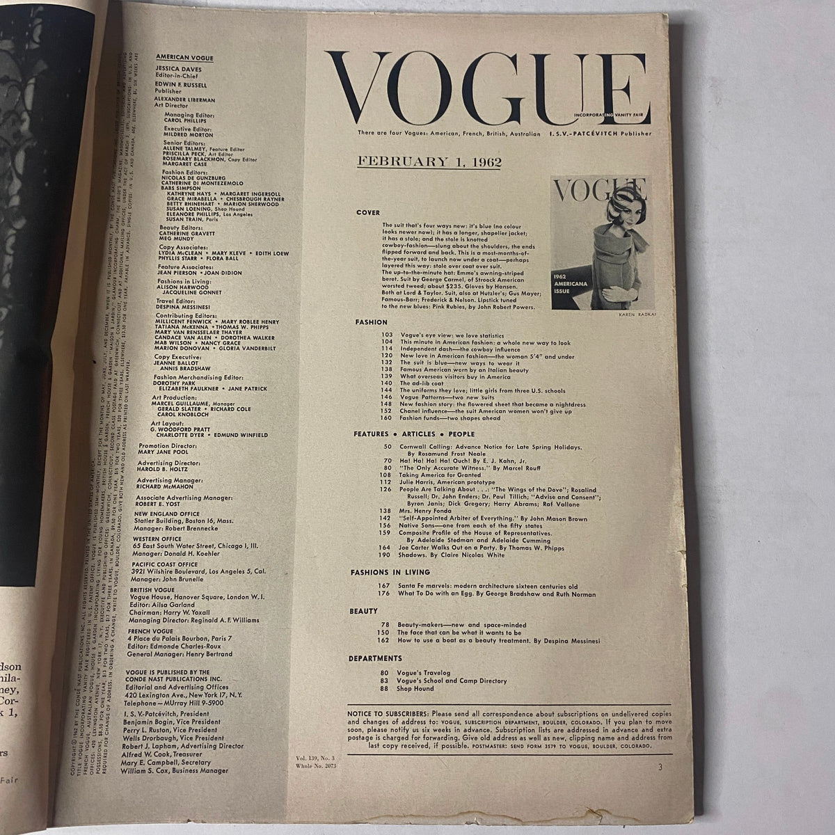 Interior page of Vogue Magazine February 1, 1962, revealing the table of contents and articles, illustrating the magazine's structure and key features.