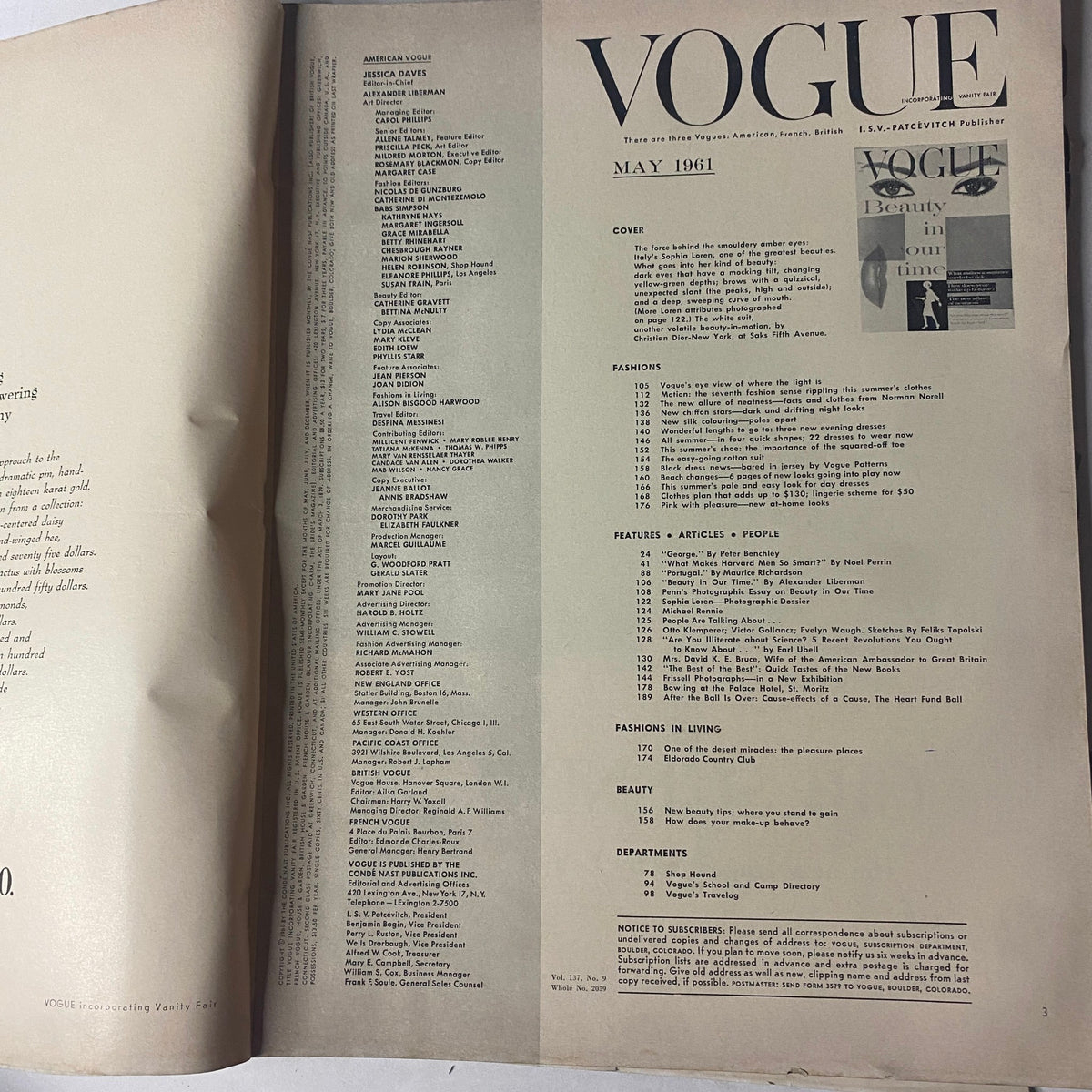 Vogue Magazine May 1961 pages showcasing the table of contents, listing fashion features, articles, and beauty tips, belonging to a vintage magazine collection.