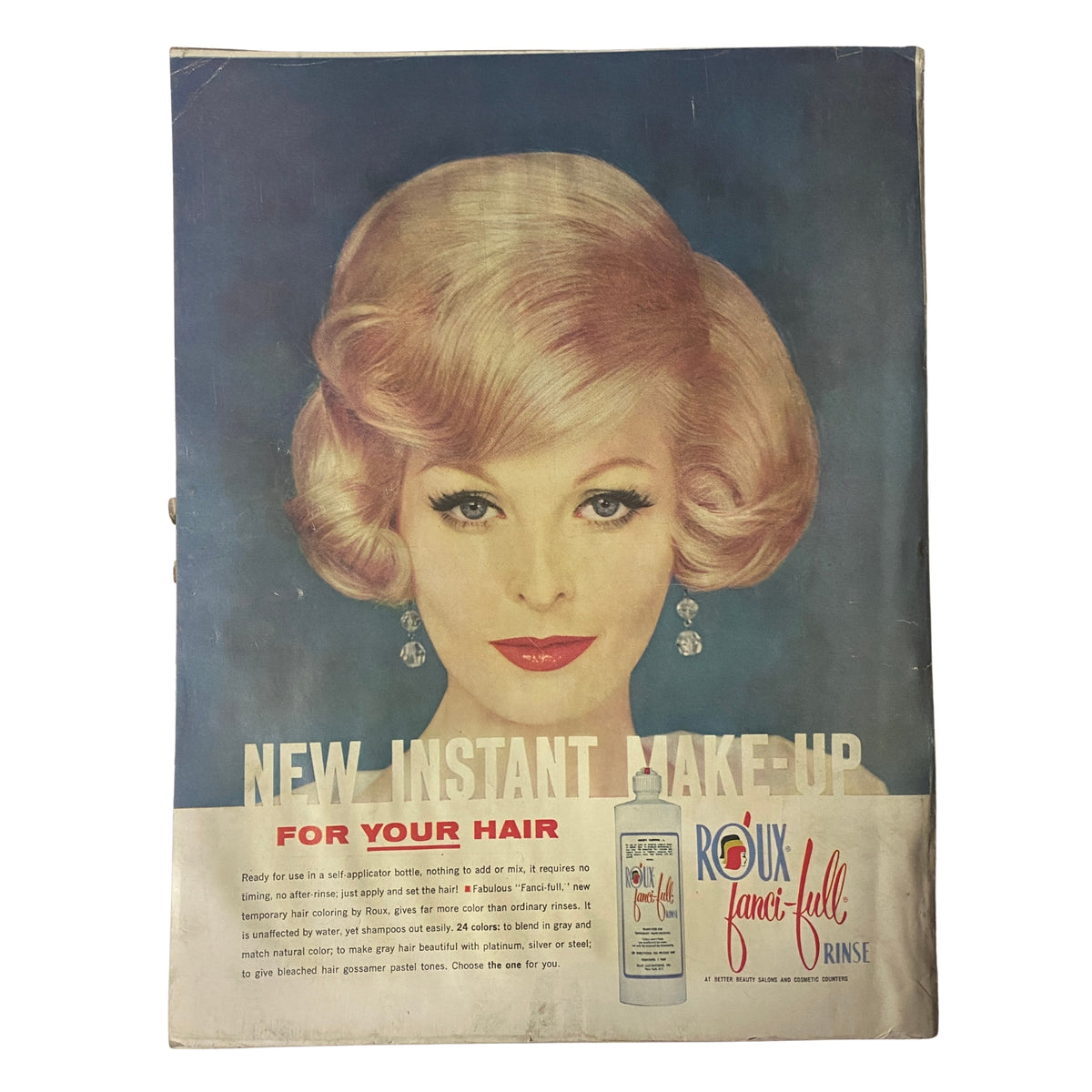 Ad page from Vogue Magazine May 1961 Sophia Loren & Anne St. Marie Cover Collage, featuring a vintage beauty advertisement for Roux Fancy-Full Rinse, illustrating mid-century hair styling trends.