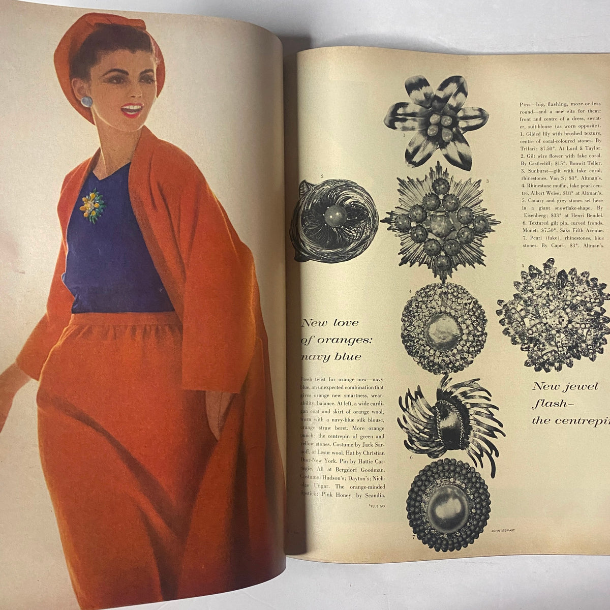 Vogue Magazine February 15, 1961 showcasing a model in an elegant orange outfit with accessories, highlighting fashion and jewelry styles of the early 1960s as captured by Bruce Davidson.
