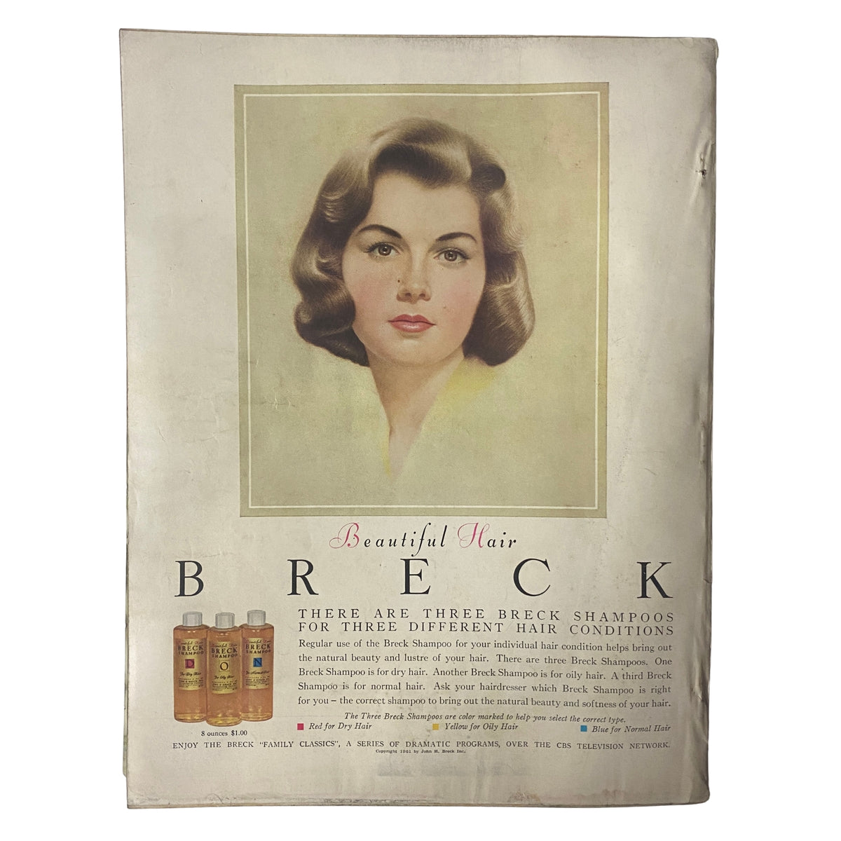 Advertisement from Vogue Magazine February 15, 1961 for Breck shampoos, featuring a glamorous model, showcasing beauty products popular in the early 1960s.