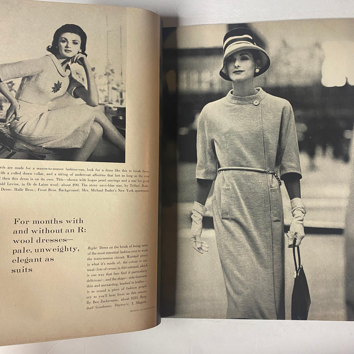 A sophisticated black and white fashion editorial from Vogue Magazine January 15, 1961, featuring a model in a chic wool dress and gloves, highlighting elegance and style.