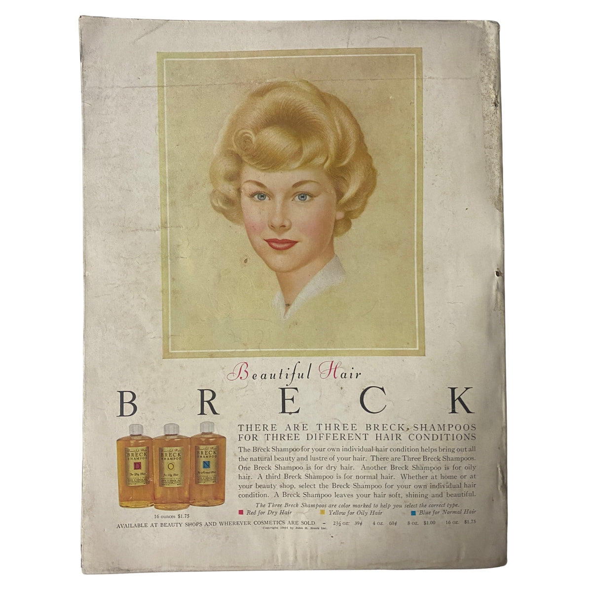 Advertisement for Breck Shampoo on the back cover of the Vogue Magazine January 15, 1961, featuring an illustrated woman promoting hair care products.