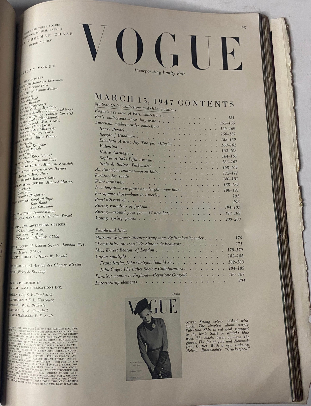 Table of contents from Vogue Magazine March 15, 1947, detailing made-to-order collections and essays by notable authors such as Simone de Beauvoir and Stephen Spender.