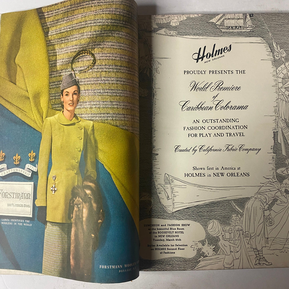 Advertisement inside Vogue Magazine March 15, 1947 for Holmes showcasing a fashion show of Caribbean couture for travel and leisure by California Fabric Company.