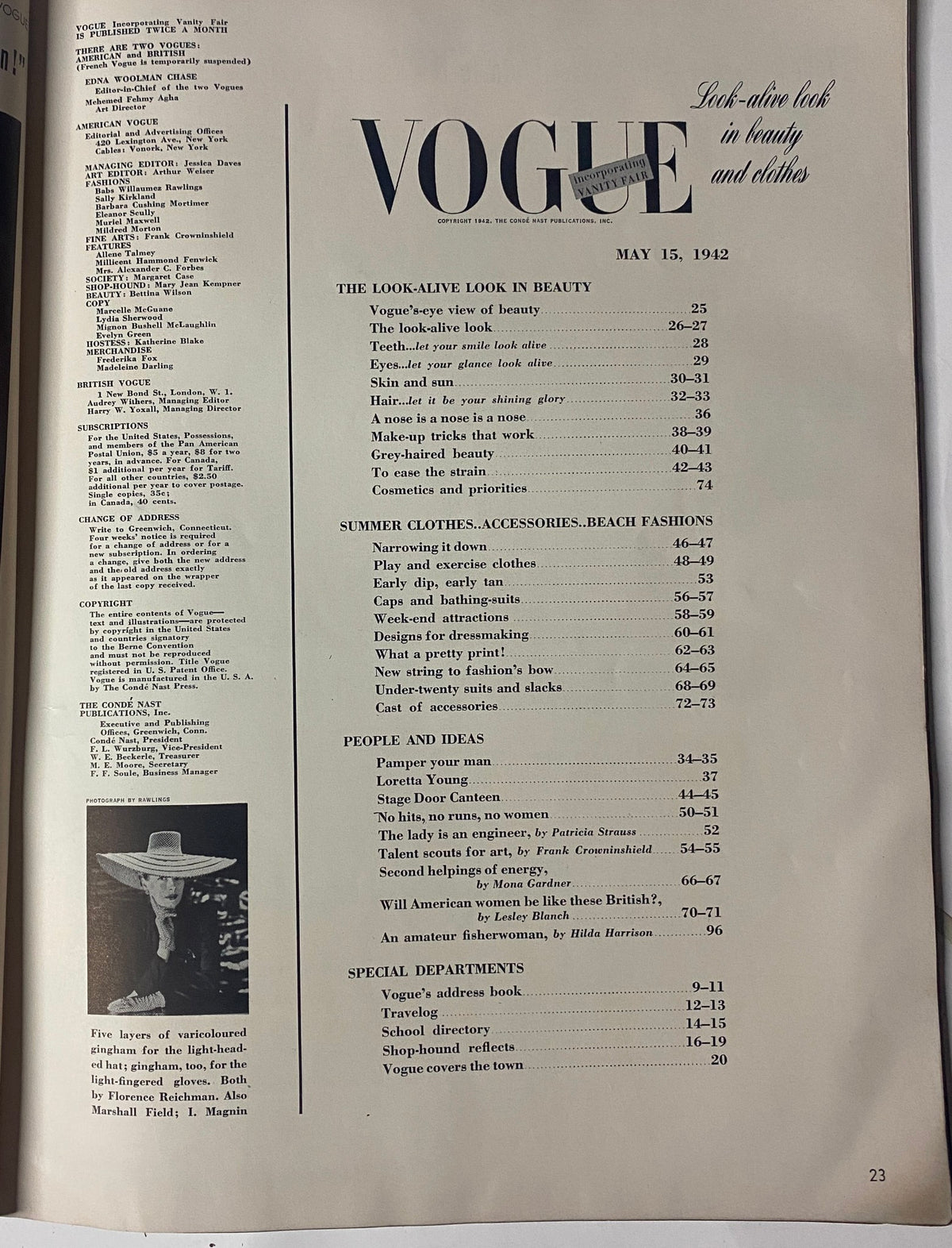 Table of Contents from Vogue Magazine May 15, 1942, detailing sections on beauty, summer fashion, and profiles of women, emphasizing the magazine's wartime themes.