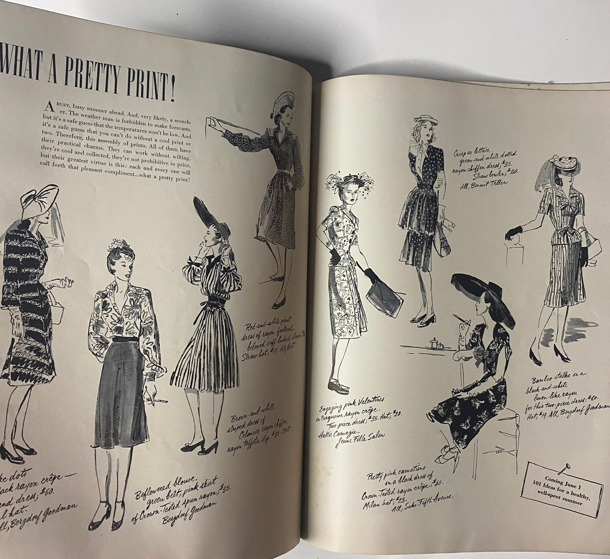 Illustration from Vogue Magazine May 15, 1942 featuring various fashion designs and ensembles with the caption 'What a Pretty Print'. The page showcases mid-century women's fashion trends with sketch illustrations.
