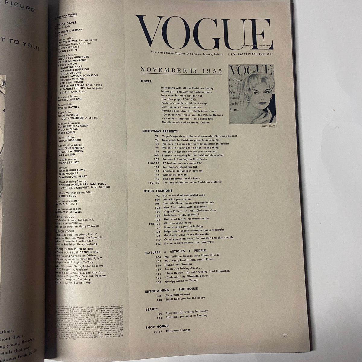 Table of contents page from Vogue Magazine November 15, 1955, featuring the cover image of Anne St. Marie, organized with sections on Christmas presents and fashion.