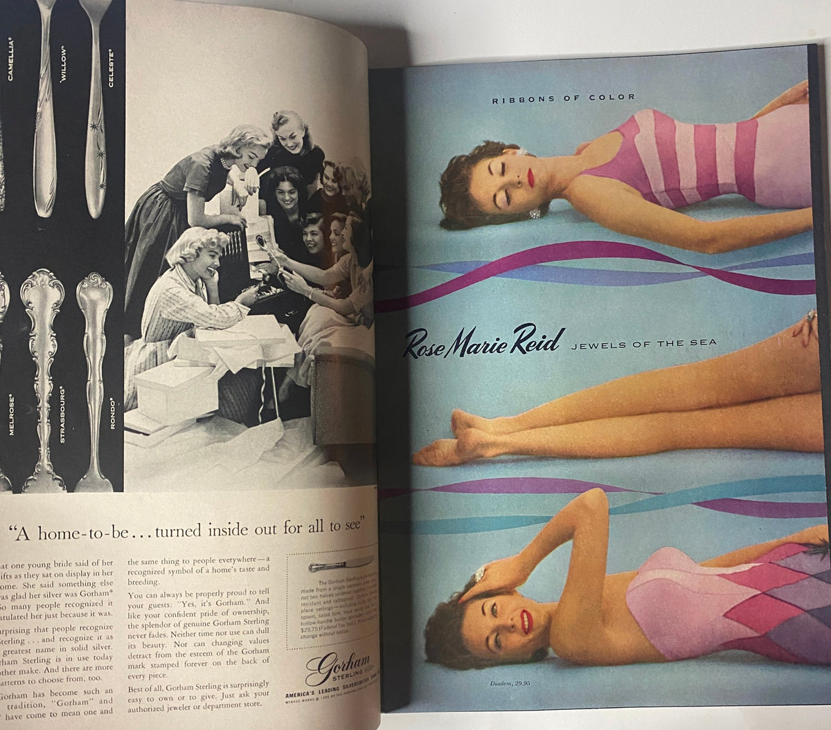 Fashion advertisement page from Vogue Magazine November 15, 1955, featuring Rose Marie Reid swimwear, highlighted by glamorous imagery.