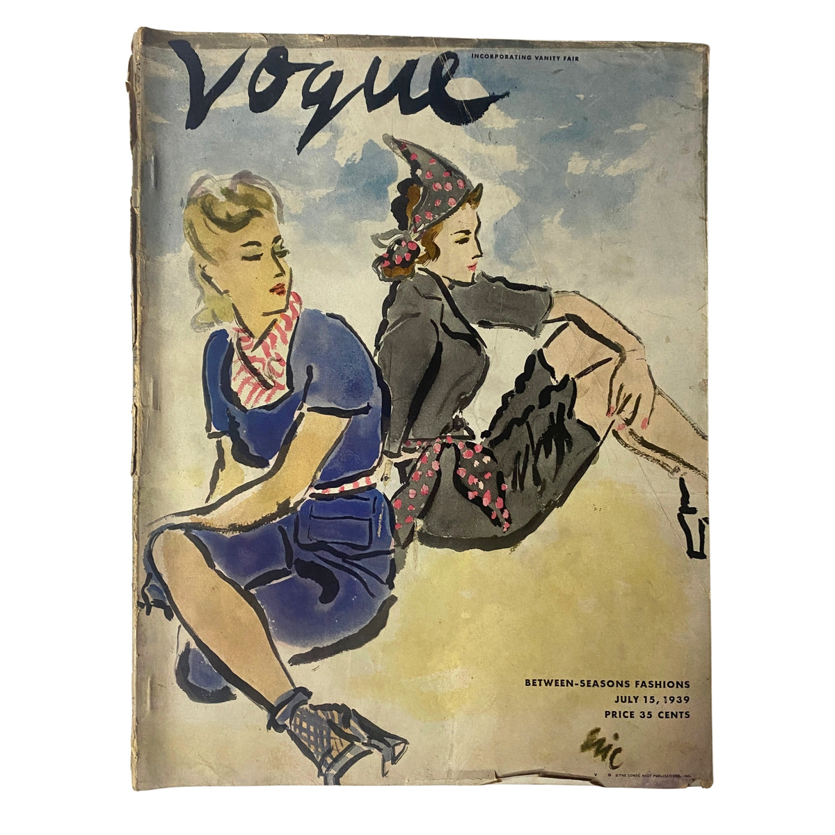 Cover of Vogue Magazine dated July 15, 1939, featuring a watercolor illustration titled 'Between-Seasons Fashions' by artist Carl Erickson. The image showcases two fashionable women in stylish attire, highlighting the elegance of late 1930s fashion.