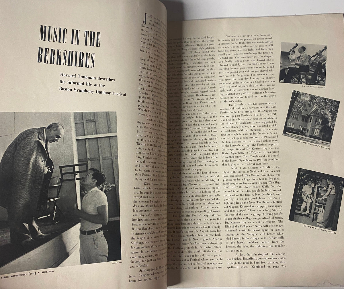 An article spread titled 'Music in the Berkshires' from Vogue Magazine July 15, 1939, featuring images and text discussing the Boston Symphony Outdoor Festival, capturing the cultural atmosphere of the time.