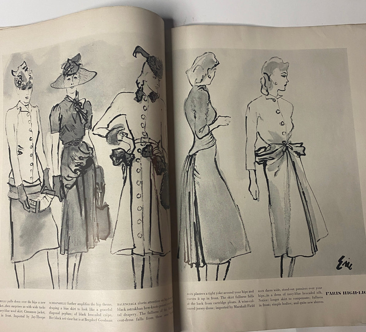 Fashion illustrations from Vogue Magazine July 15, 1939, depicting Paris high-lights with sophisticated outfits designed by notable designers. Each model showcases elegant clothing styles reflective of late 1930s fashion.
