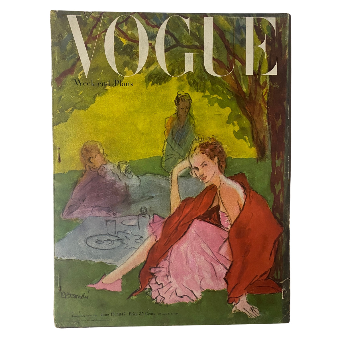Cover of Vogue Magazine June 15, 1947 featuring an illustration by René Bouché, depicting a young woman in a pink dress with a red shawl, surrounded by idyllic outdoor scenery, emphasizing weekend plans and postwar fashion.
