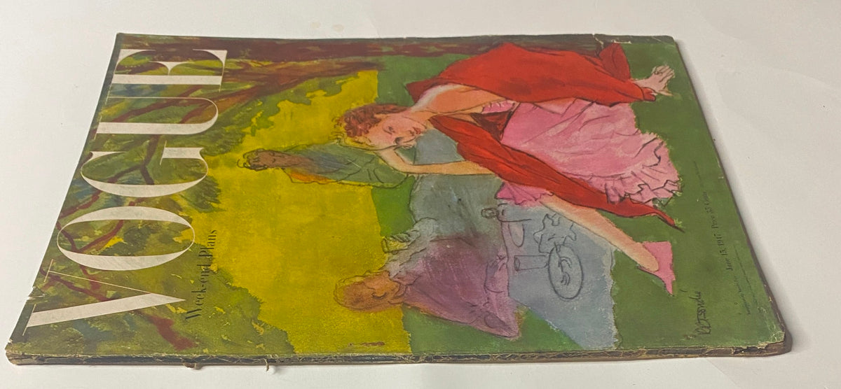 Back cover of Vogue Magazine June 15, 1947 showcasing the same art by René Bouché, with vibrant colors and a relaxed outdoor theme, reflecting the essence of summer and leisure in the magazine.