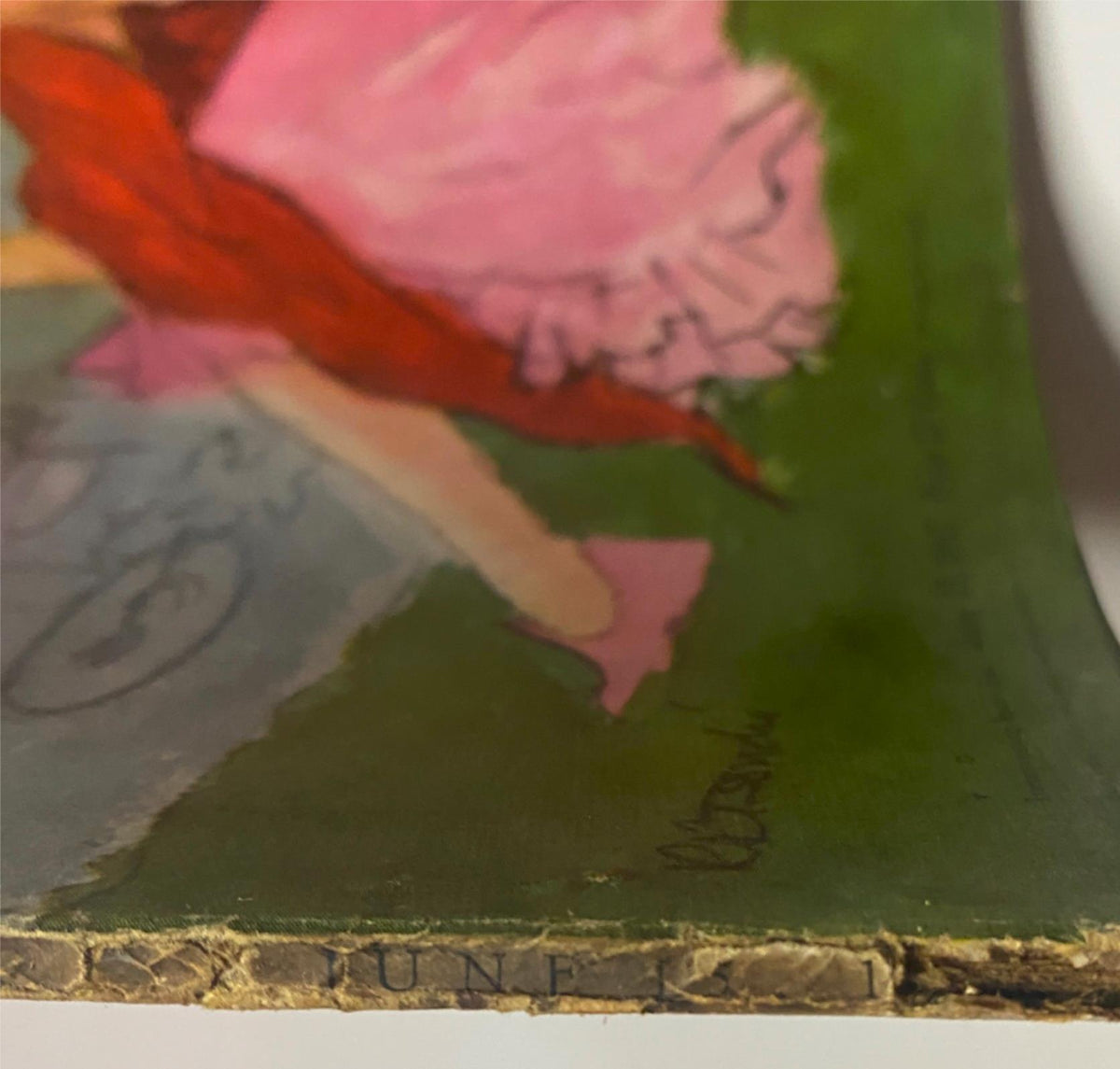Close-up of the corner of Vogue Magazine June 15, 1947 featuring the Joan Pedersen cover by René Bouché, showcasing vintage wear with slight aging on the spine.