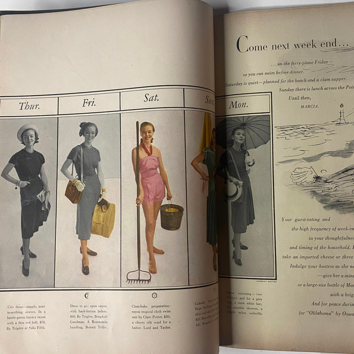 Vogue Magazine June 15, 1947 Joan Pedersen Cover by René Bouché showcasing weekend fashion ideas for Thursday through Monday with illustrations of stylish outfits.