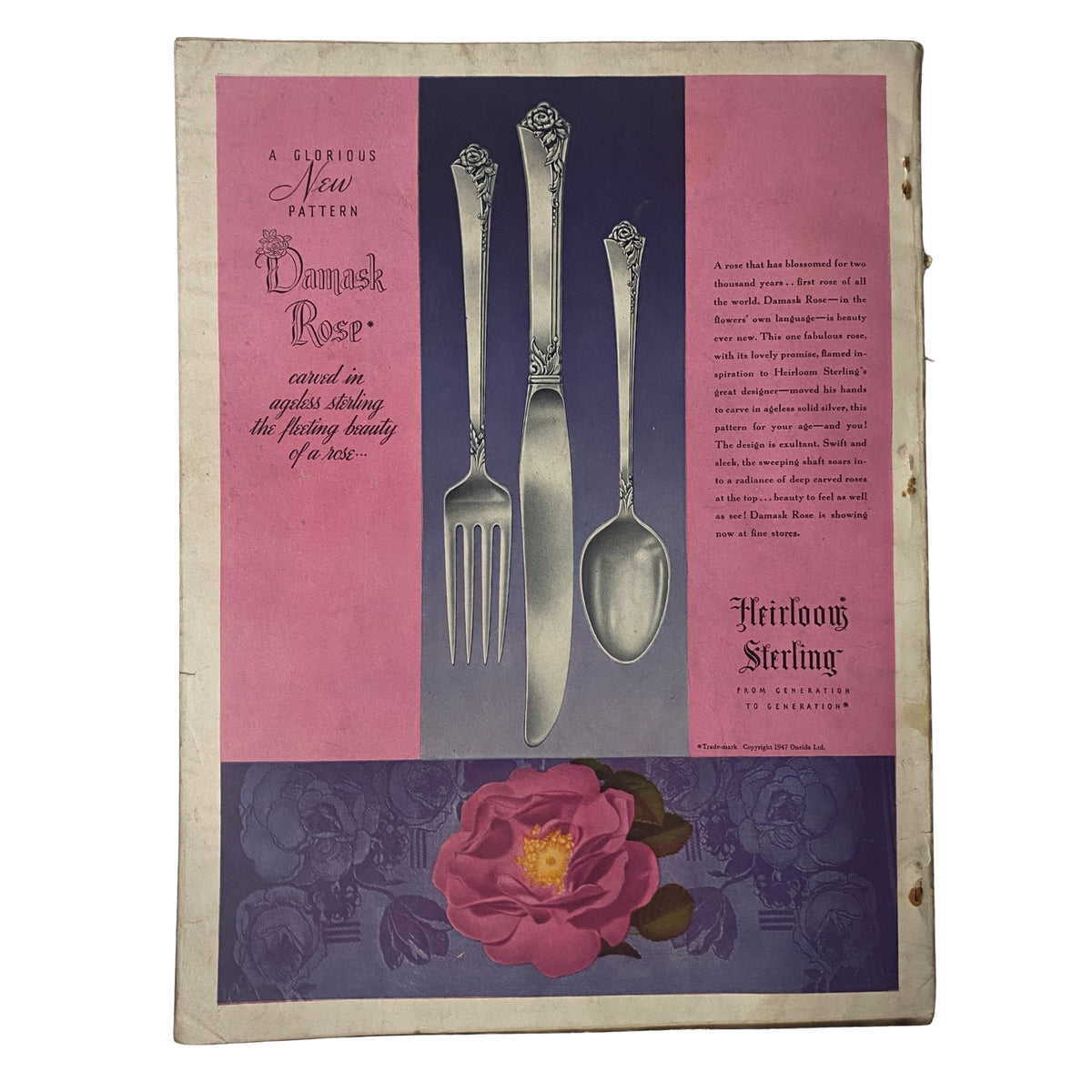 Vintage advertisement page from Vogue Magazine June 15, 1947 Joan Pedersen Cover by René Bouché, featuring silverware set against colorful backgrounds and a floral design.
