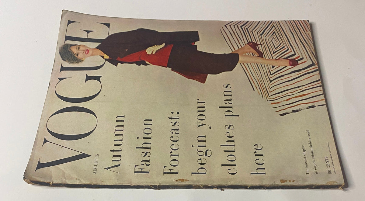 Another view of the Vogue Magazine August 15, 1955 cover featuring Barbara Mullen, displaying autumn fashion insights with a bold outfit in a distinct striped setting, captured by Clifford Coffin.