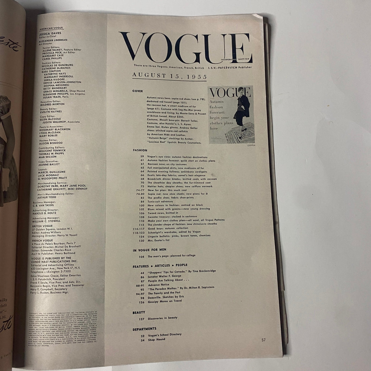 Interior page of the August 15, 1955 Vogue Magazine displaying the table of contents, showcasing sections on fashion and articles.