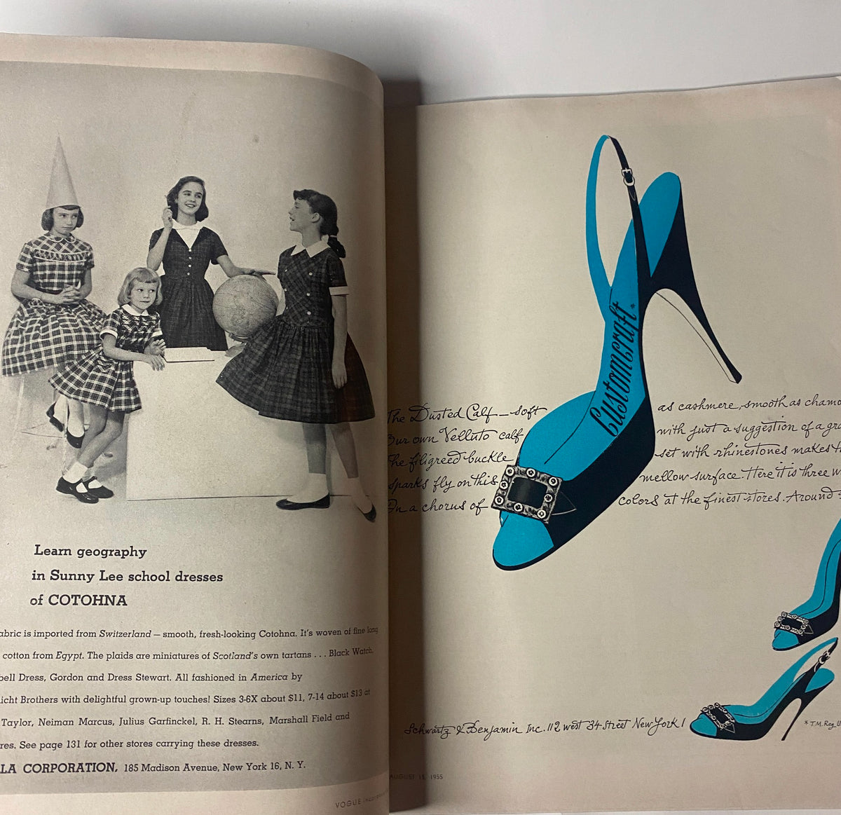Illustration from the August 15, 1955 Vogue Magazine featuring school dresses and fashion, highlighting mid-century design.