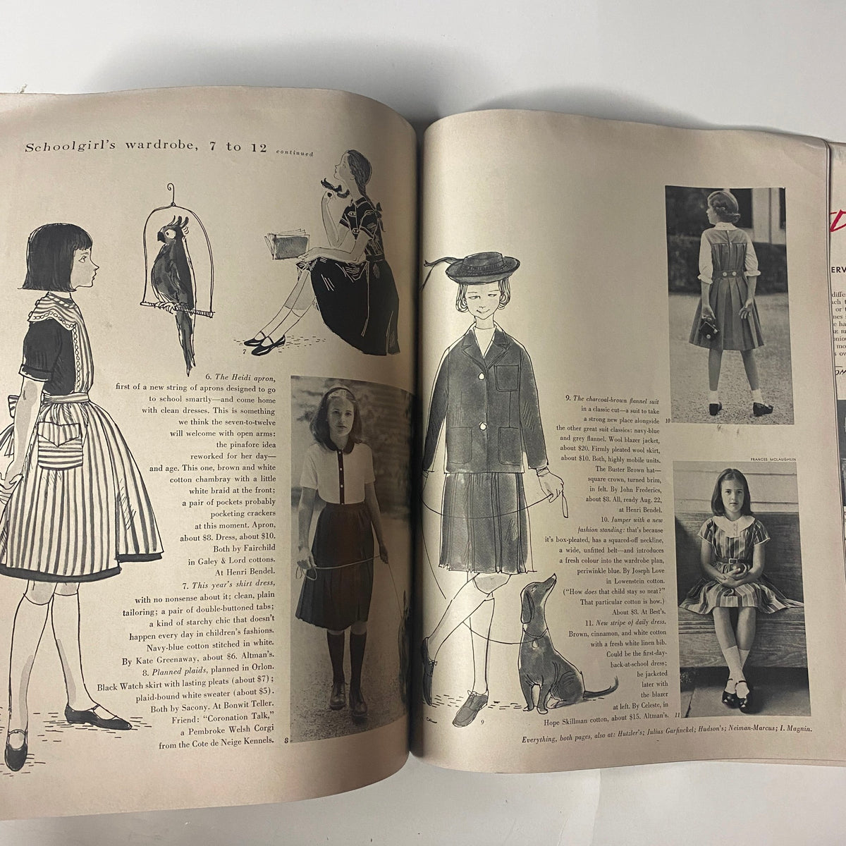 Illustration of schoolgirl's wardrobe from Vogue Magazine August 15, 1955, featuring outfits for girls aged 7 to 12, highlighting mid-century fashion styles.