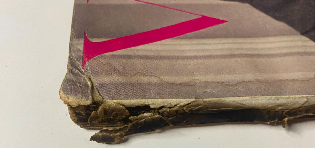 Close-up of the worn cover of Vogue Magazine from September 1, 1955 featuring Renée Breton. The image highlights the vintage charm of the magazine, including visible creases and wear, indicative of its age and historical significance in fashion.