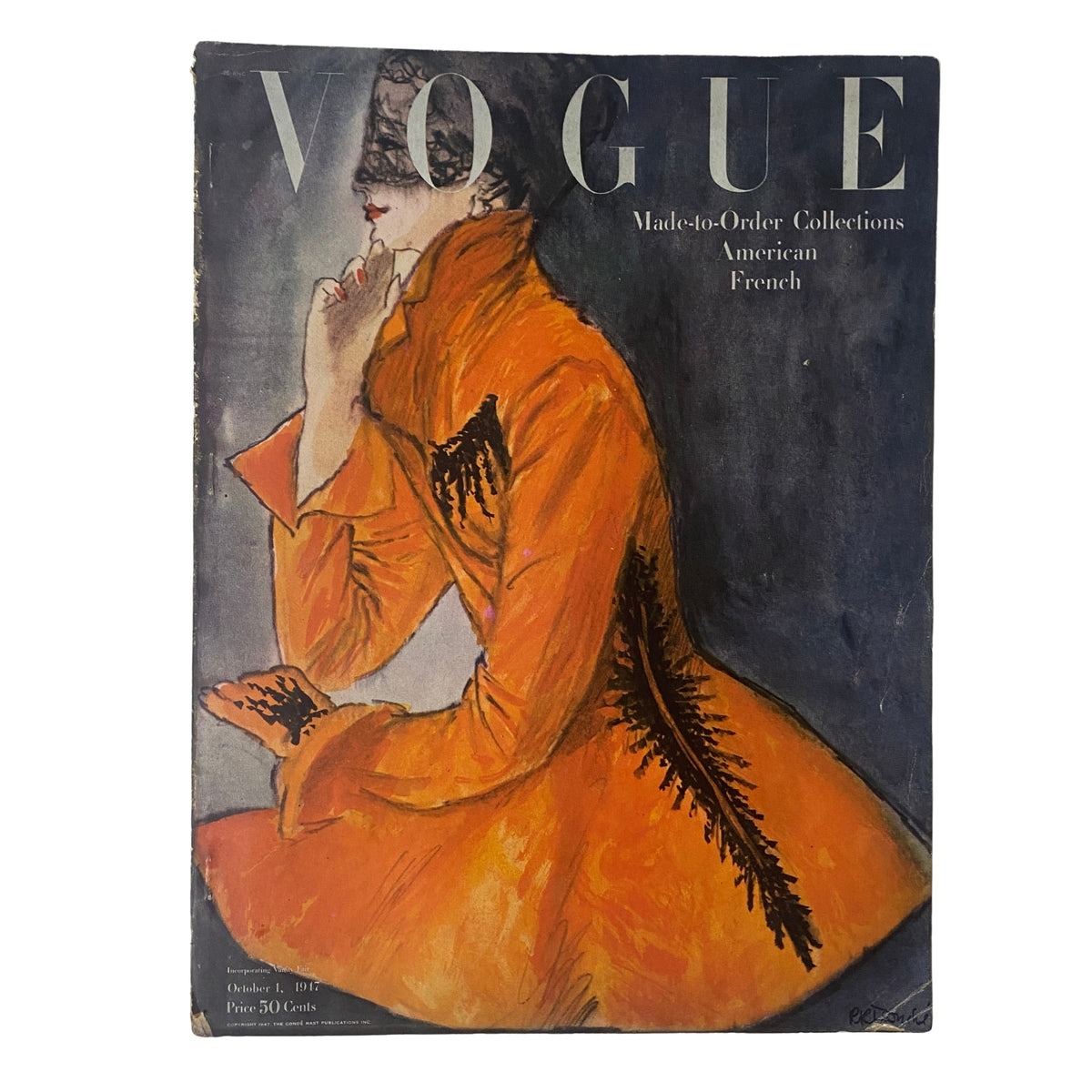 Cover of Vogue Magazine from October 1, 1947, featuring Made-to-Order Collections by René Bouché. The illustration depicts a fashionable figure in a striking orange garment, highlighting the influence of Paris couture in post-war fashion.