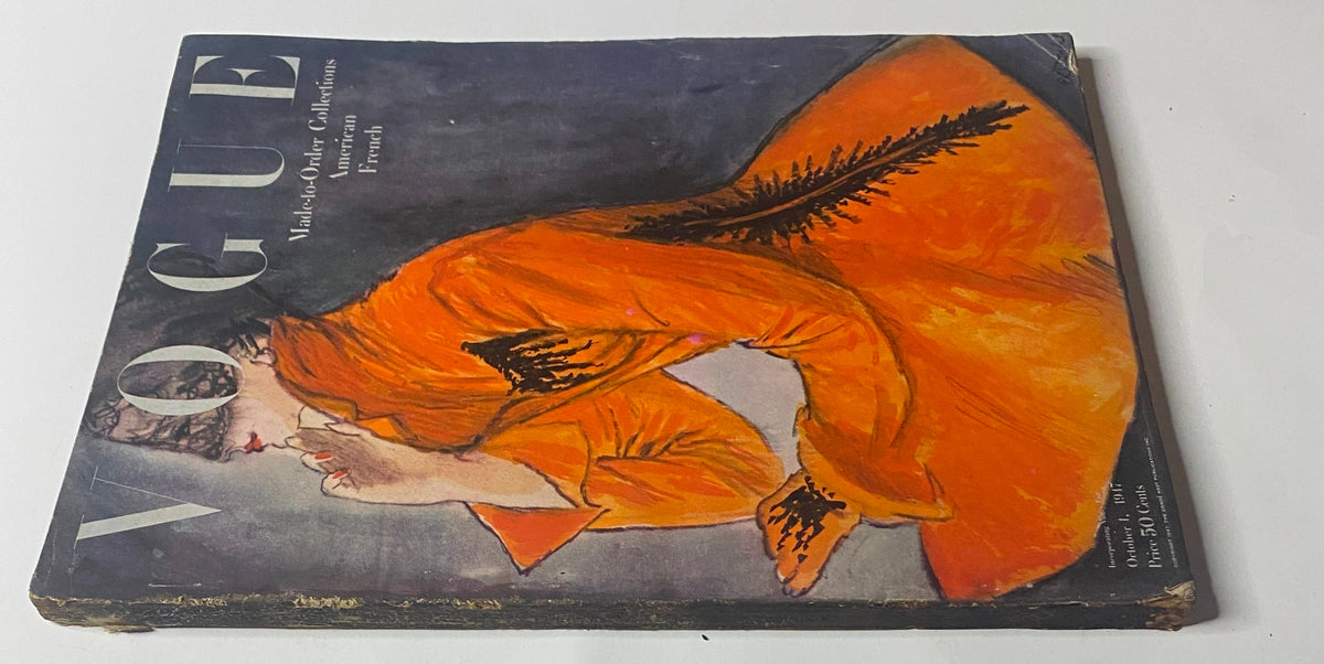 Vogue Magazine October 1, 1947 Made-to-Order Collections by René Bouché featuring a vibrant cover illustration showcasing an elegant figure in an orange garment.