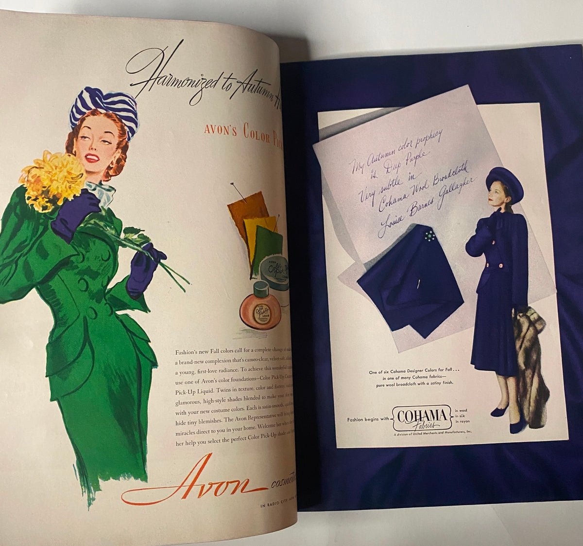 Inside spread of Vogue Magazine October 1, 1947 featuring an advertisement for Avon, showcasing a fashionably dressed model holding flowers and discussing the fashion of the season.