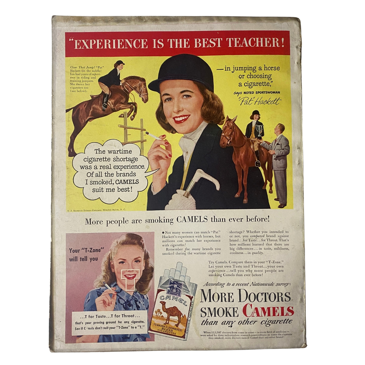Vintage advertisement featuring a woman in equestrian attire smiling while holding a cigarette, accompanied by a horse and text stating 'Experience is the Best Teacher!' and promoting Camel cigarettes, from Vogue Magazine October 1, 1947 Made-to-Order Collections by René Bouché.