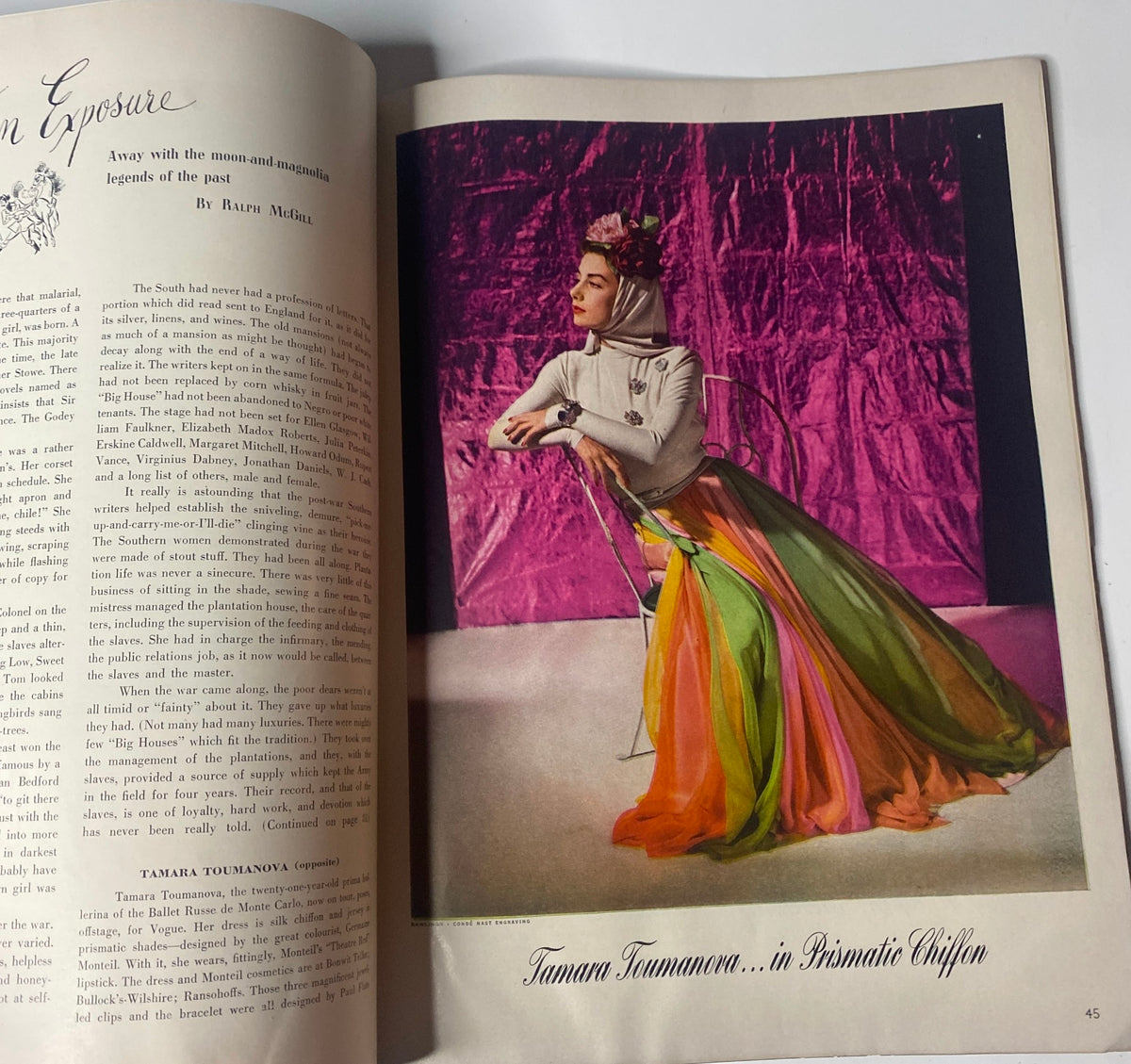 Fashion photograph in Vogue Magazine January 1, 1942, highlighting Tamara Toumanova dressed in colorful garments, embodying vibrant contemporary style.