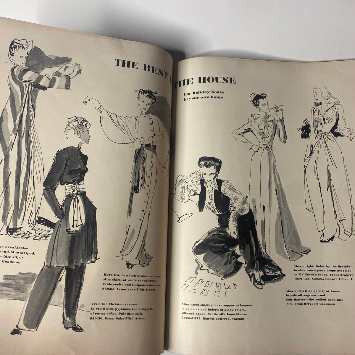 Illustrated fashion spread from Vogue Magazine December 1, 1941 presenting holiday styles and garments, capturing prewar fashion trends.