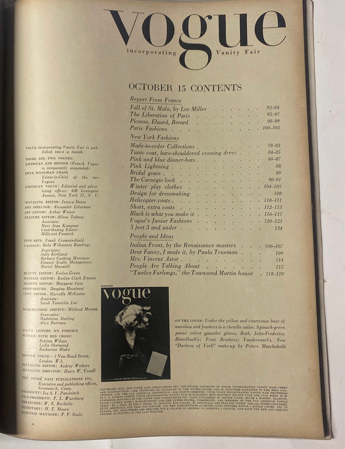 Table of contents page from Vogue Magazine, October 15, 1944, listing features such as 'Report From France' by Lee Miller, and various fashion collections from New York. This page is part of a significant wartime edition focusing on fashion and culture.