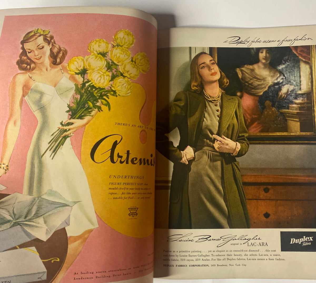 Vogue Magazine October 15, 1944 Meg Mundy Cover by John Rawlings featuring vintage fashion ad for Artemis undergarments and elegant model in a luxurious setting.