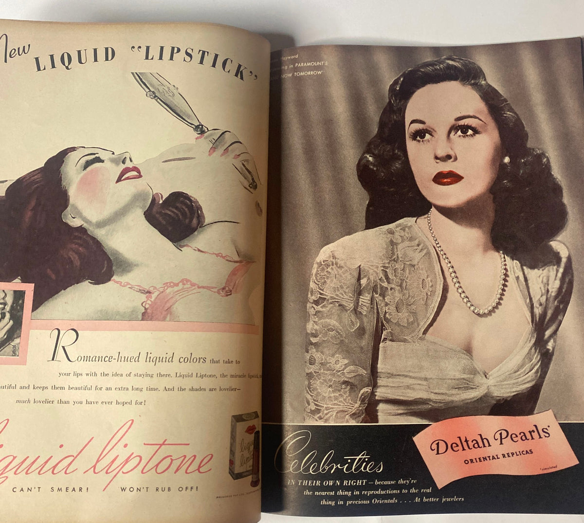 Vogue Magazine October 15, 1944 Meg Mundy Cover by John Rawlings showcasing a beauty advertisement for Squid Liptone liquid lipstick with a glamorous model.