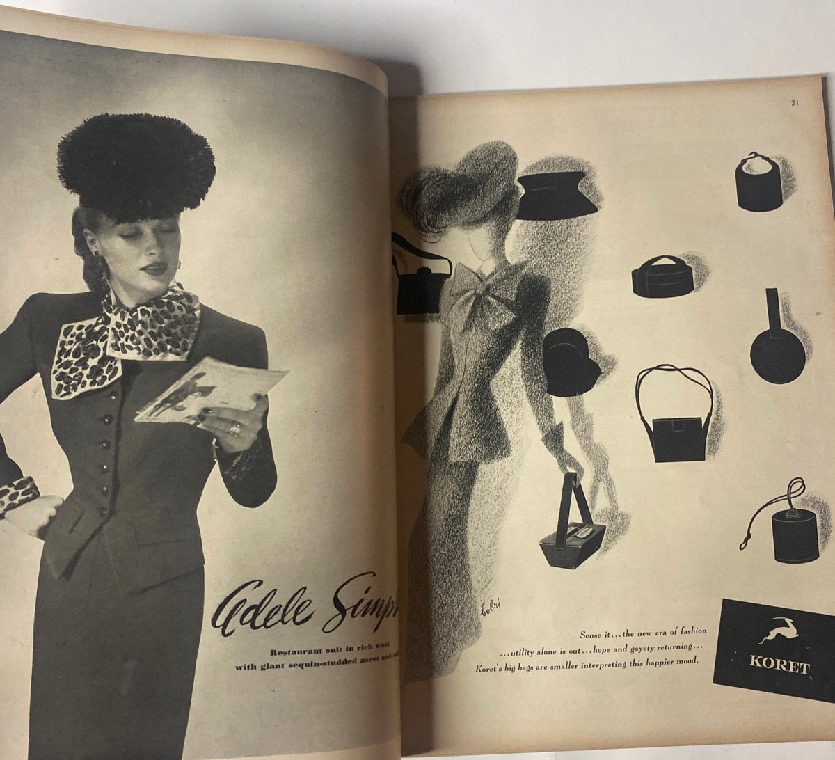 Vogue Magazine October 15, 1944 Meg Mundy Cover by John Rawlings highlighting a fashion spread with a model wearing a chic outfit, surrounded by fashion accessory illustrations.