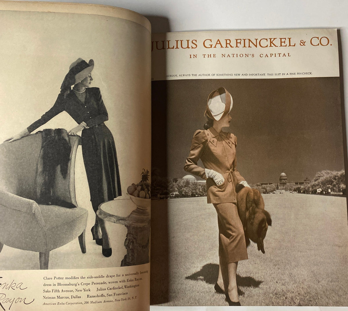 Advertisement from Vogue Magazine September 15, 1947 featuring a stylish model wearing a sophisticated outfit by Julius Garfinkel & Co., showcasing postwar fashion trends.