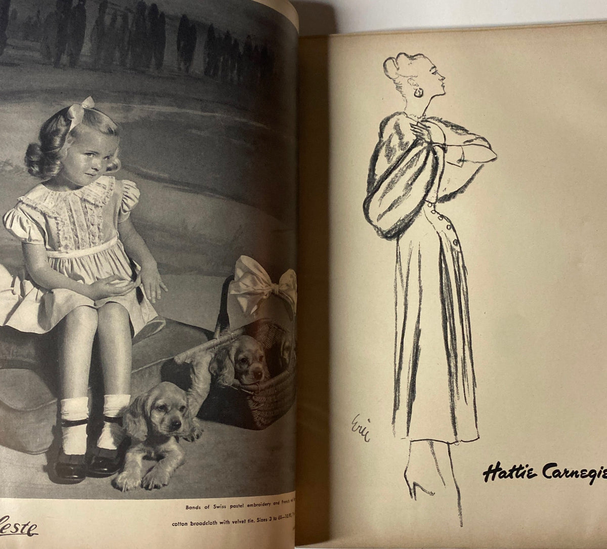 Illustrative page from Vogue Magazine September 15, 1947, featuring a young girl with her dogs alongside a fashion illustration by Hattie Carnegie, highlighting vintage fashion aesthetics.