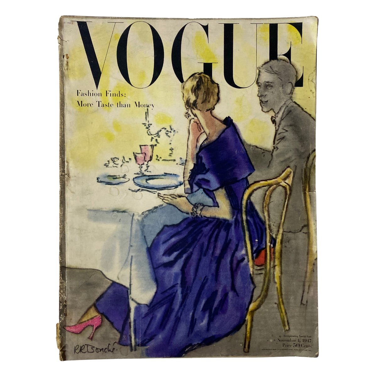 Vogue Magazine cover from November 1, 1947, featuring a fashion illustration by René Bouché, highlighting 'Fashion Finds: More Taste than Money' with a sophisticated dining scene and elegant attire.