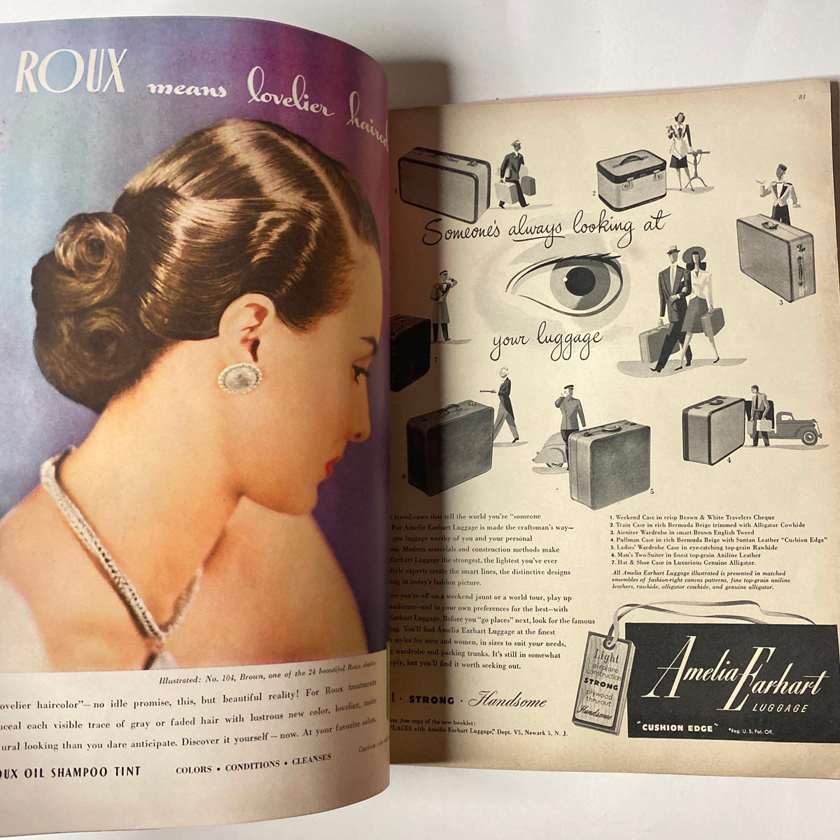 Page from Vogue Magazine November 1, 1947, showcasing a vintage advertisement for Roux hair products with a classic hairstyle.