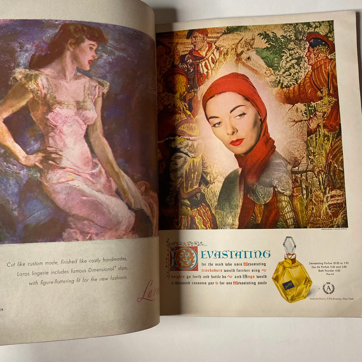 Artistic advertisement page from Vogue Magazine November 1, 1947, featuring an illustration of a woman and discussing the latest perfume designs.