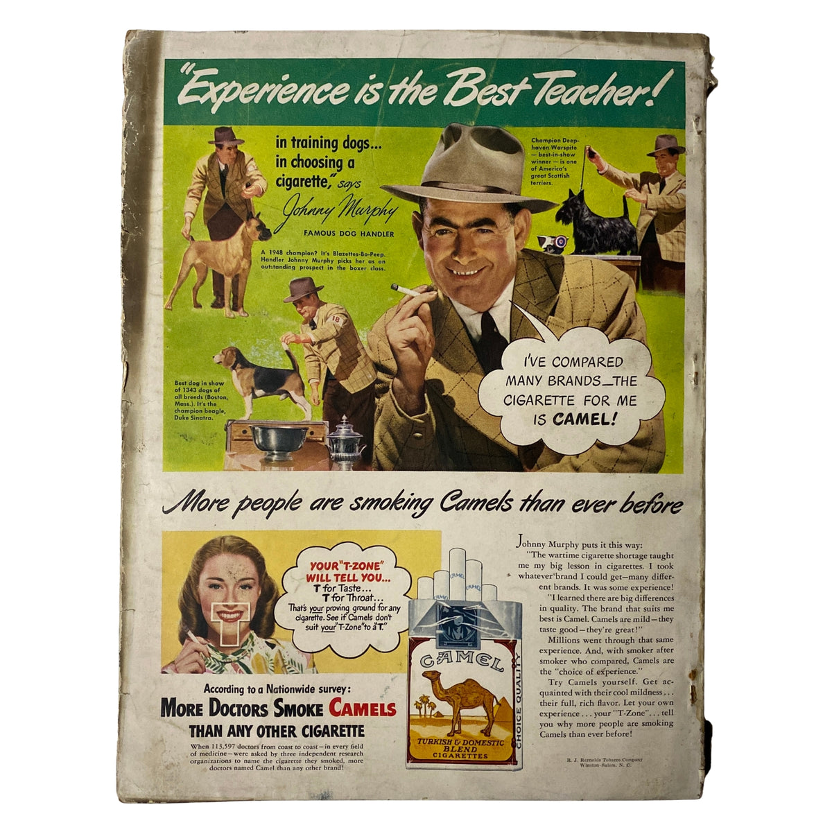 Advertisement from the back cover of Vogue Magazine November 1, 1947, promoting Camel cigarettes with a vintage appeal.